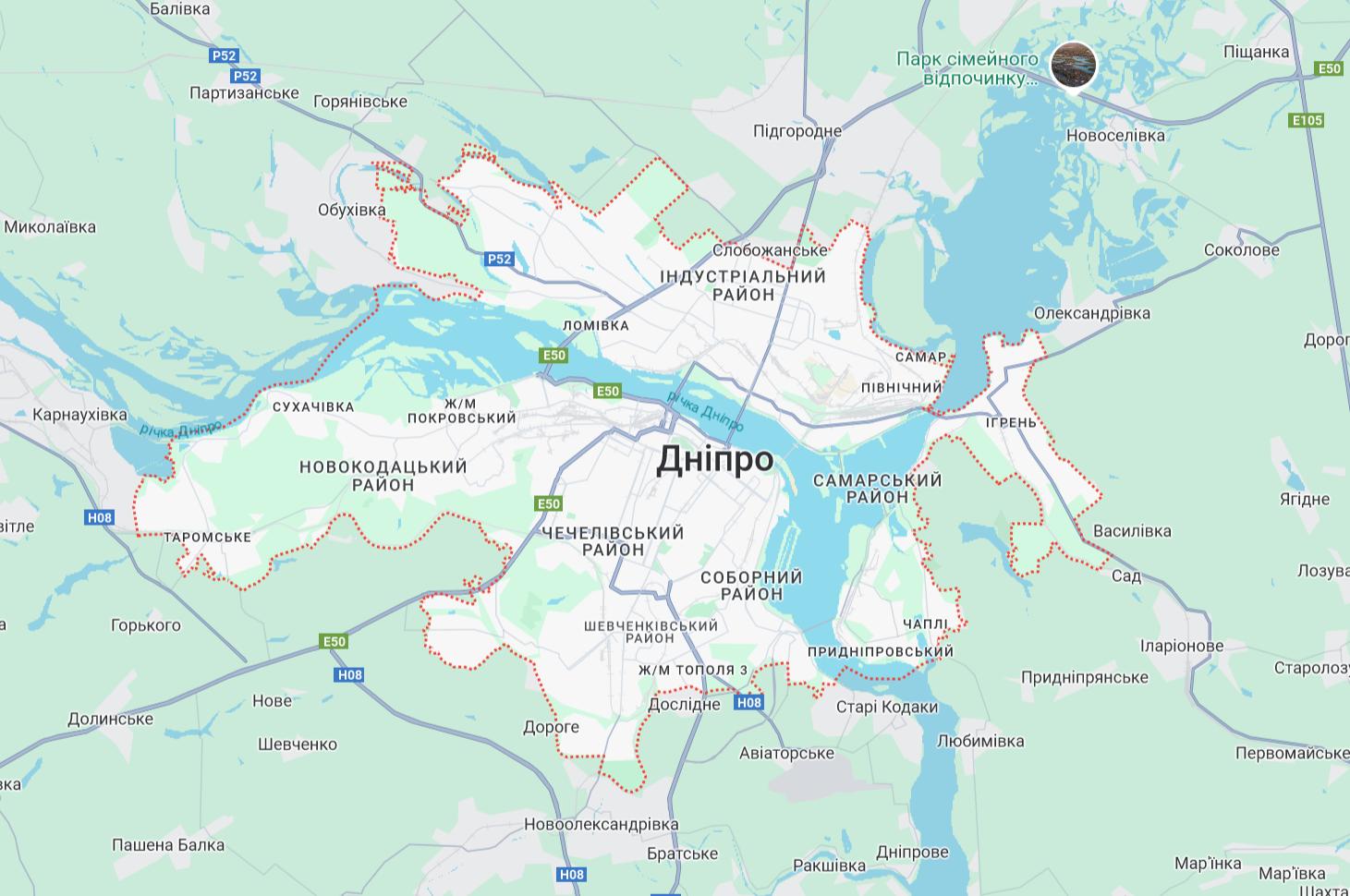 Карта районів Дніпра та передмістя