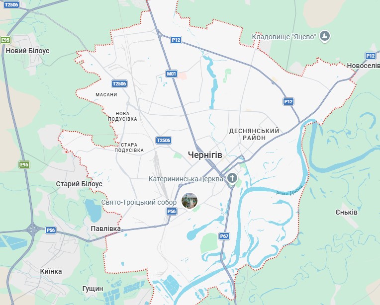 Карта районів Чернігова та передмістя