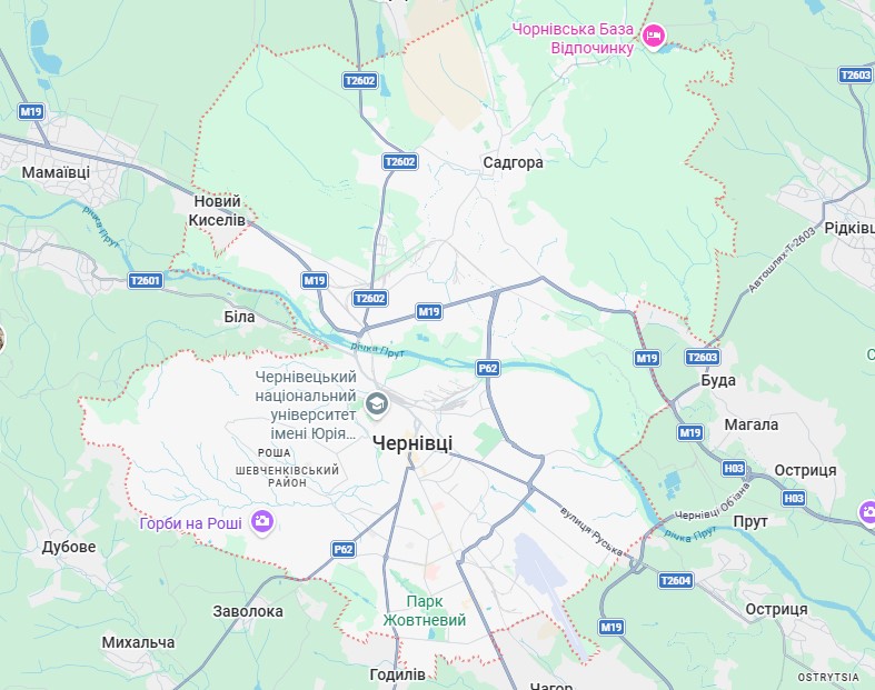 Карта районів Чернівців та передмістя