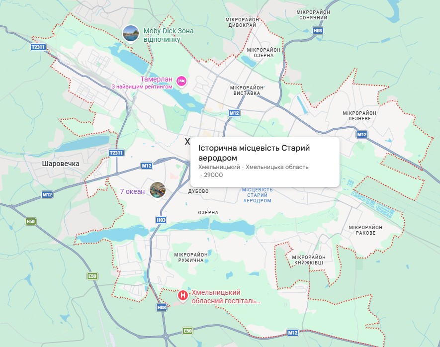 Карта районів Хмельницького та передмістя