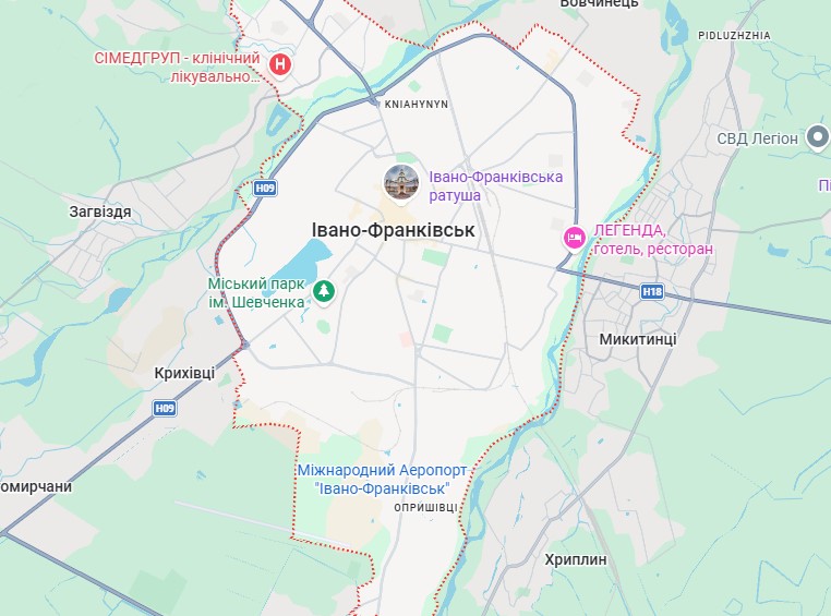 Карта районів Івано-Франківська та передмістя