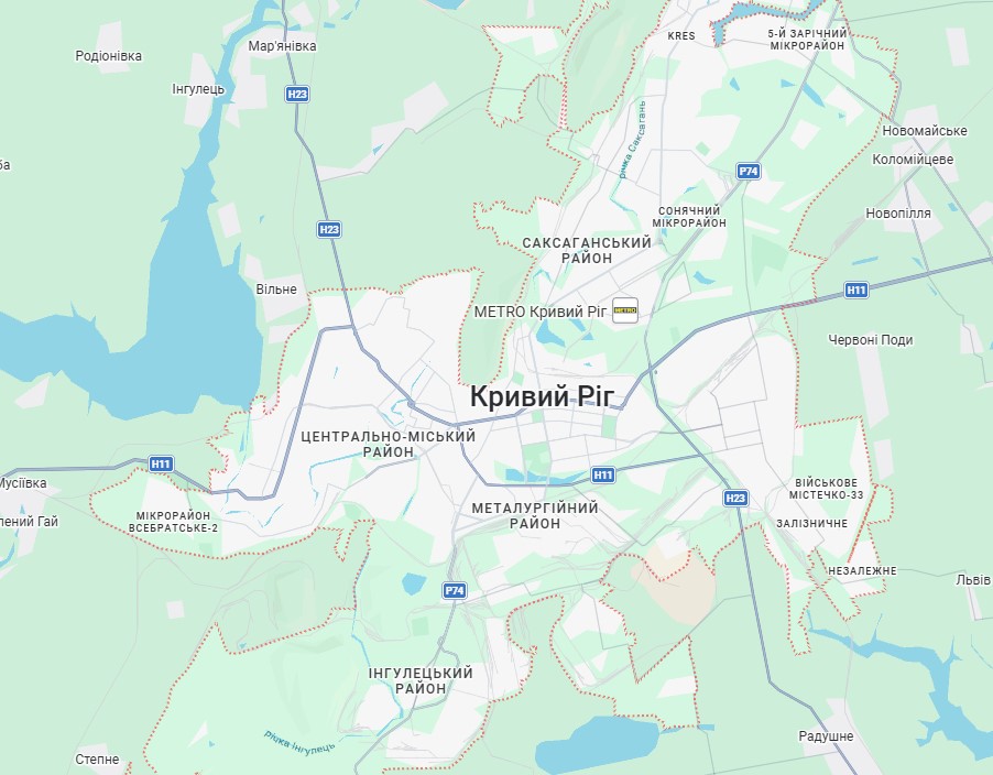Карта районів Кривого Рогу та передмістя