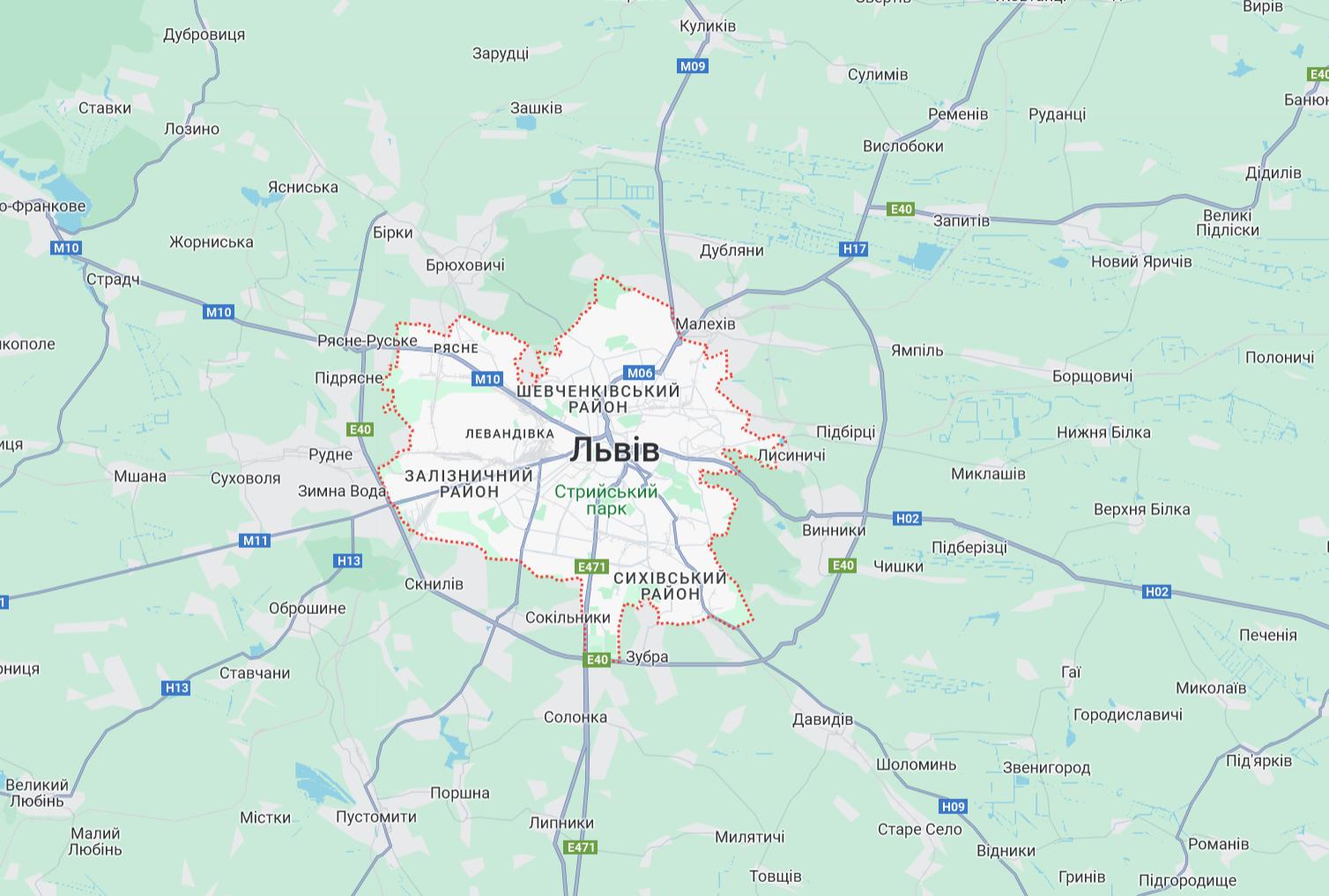 Карта районів Львова та передмістя
