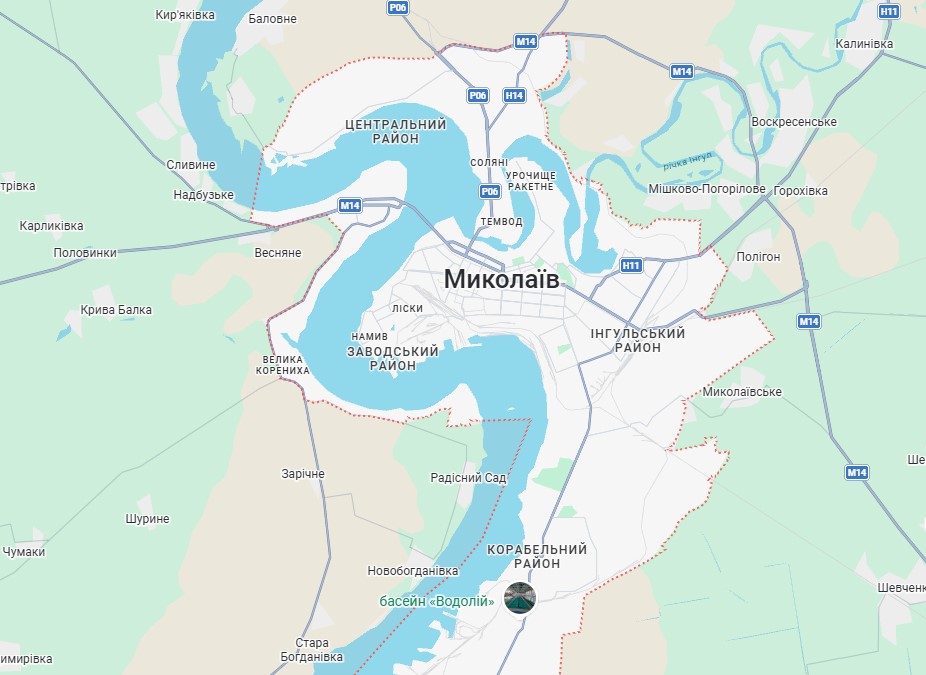 Карта районів Миколаєва та передмістя