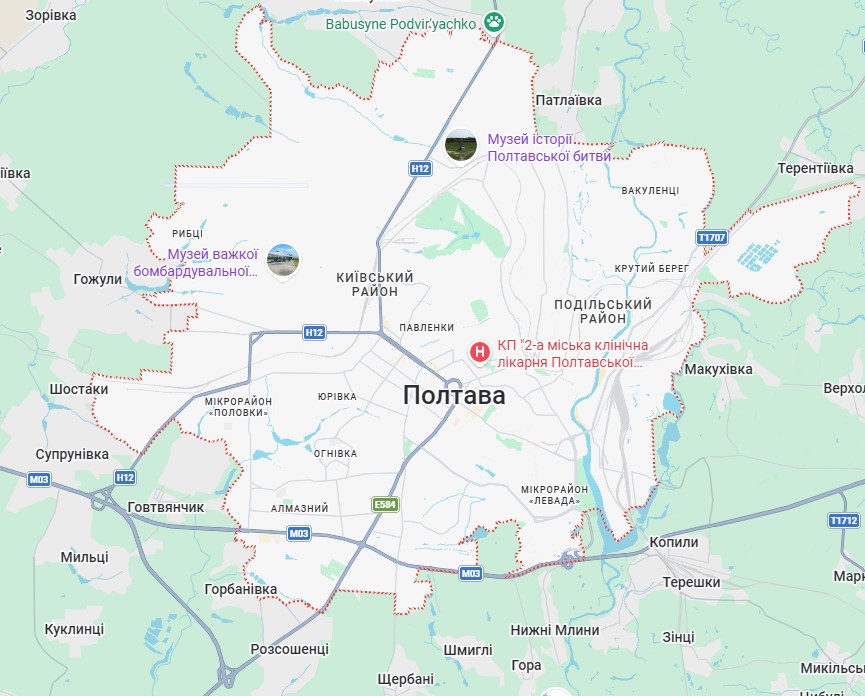 Карта районів Полтави та передмістя