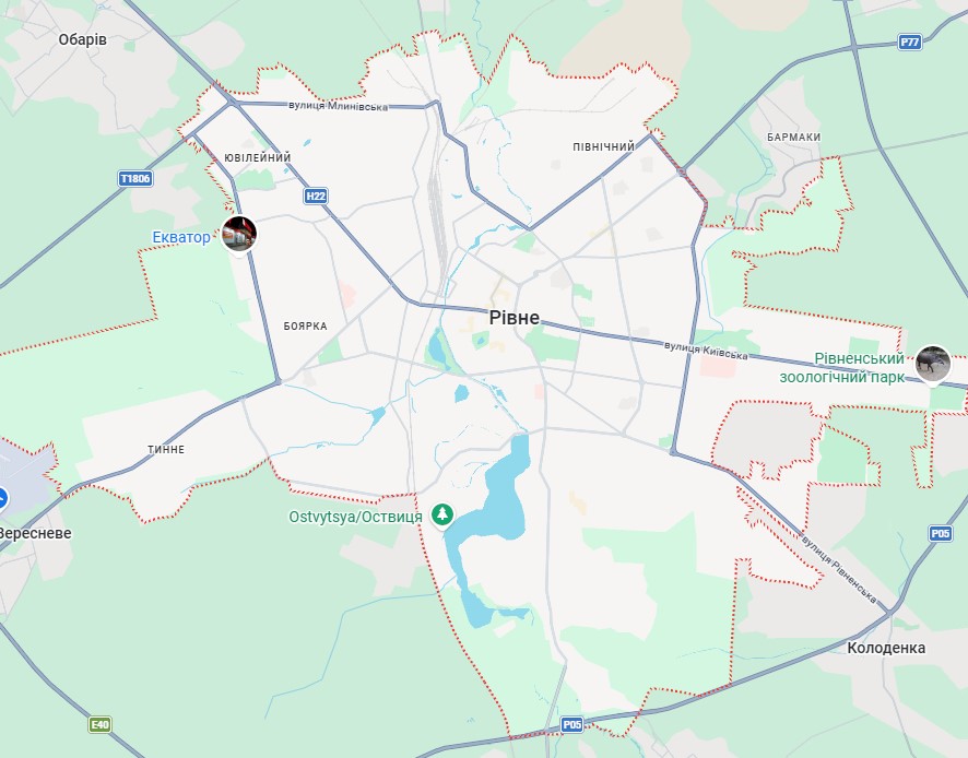 Карта районів Рівного та передмістя