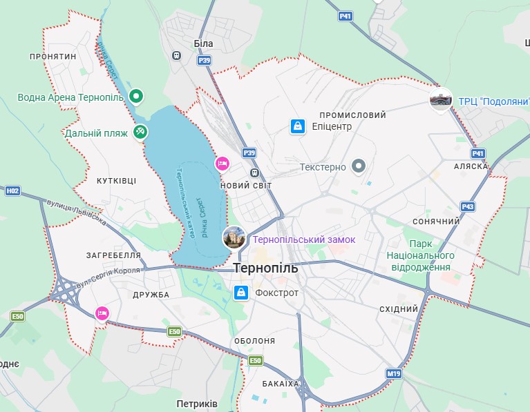 Карта районів Тернополя та передмістя