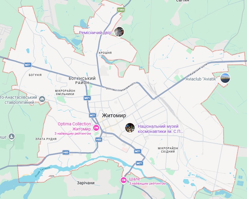 Карта районів Житомира та передмістя
